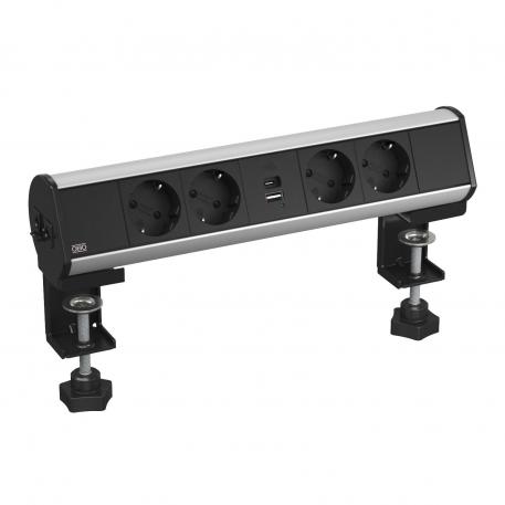 Deskbox with fastening clamp, 4 VDE sockets, USB Charger